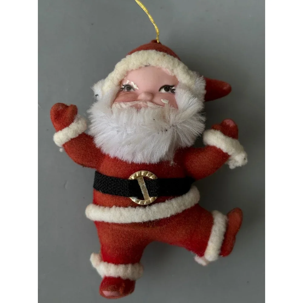Vintage Mid Century Flocked Santa Claus Christmas Ornament Red White